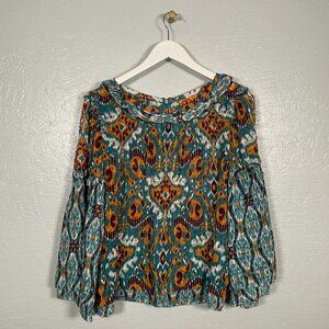 Tory Burch Women 10 Blue Orange Ikat Boho Print Blouse Silk Layered Ruffle